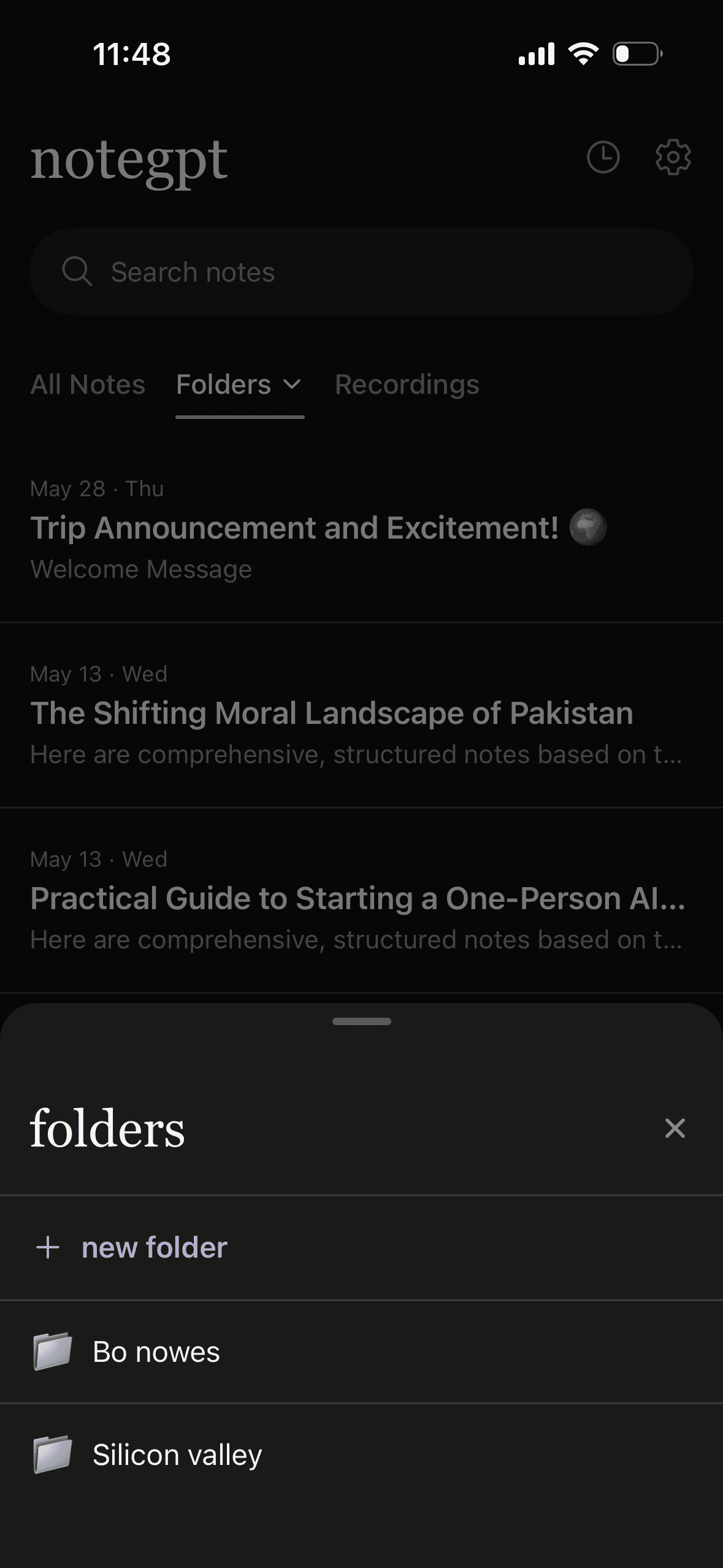 notegpt folders screen on iPhone