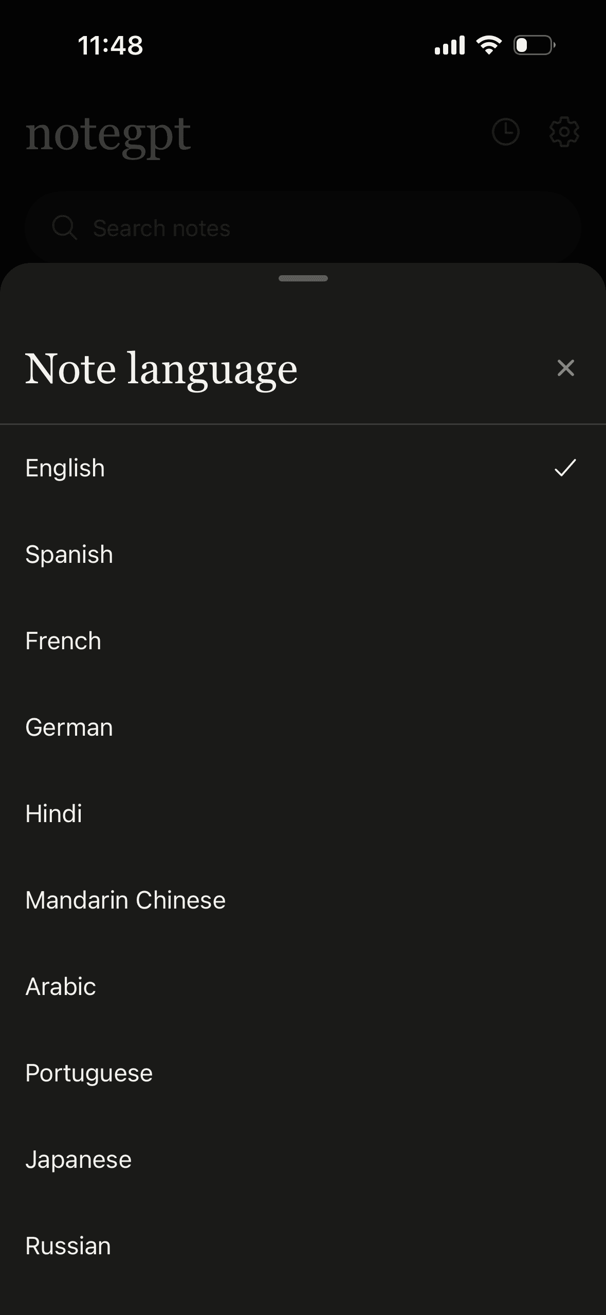 notegpt language picker on iPhone
